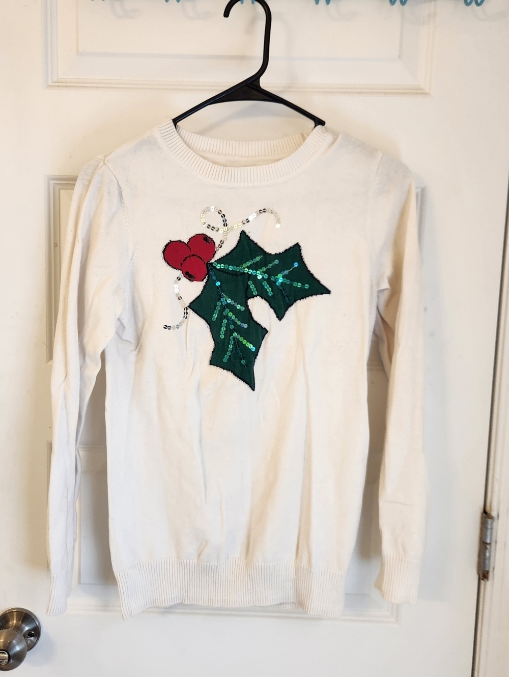 Kim Rogers Sequin Mistletoe Sweater White Holiday‎ Size M #F1165
